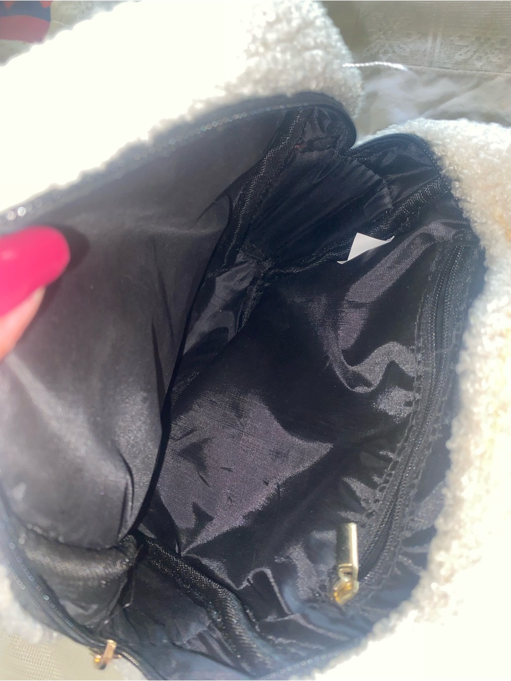 Dome Backpack with black faux leather and white shearling (sherpa) fabric. - Picture 3 of 4